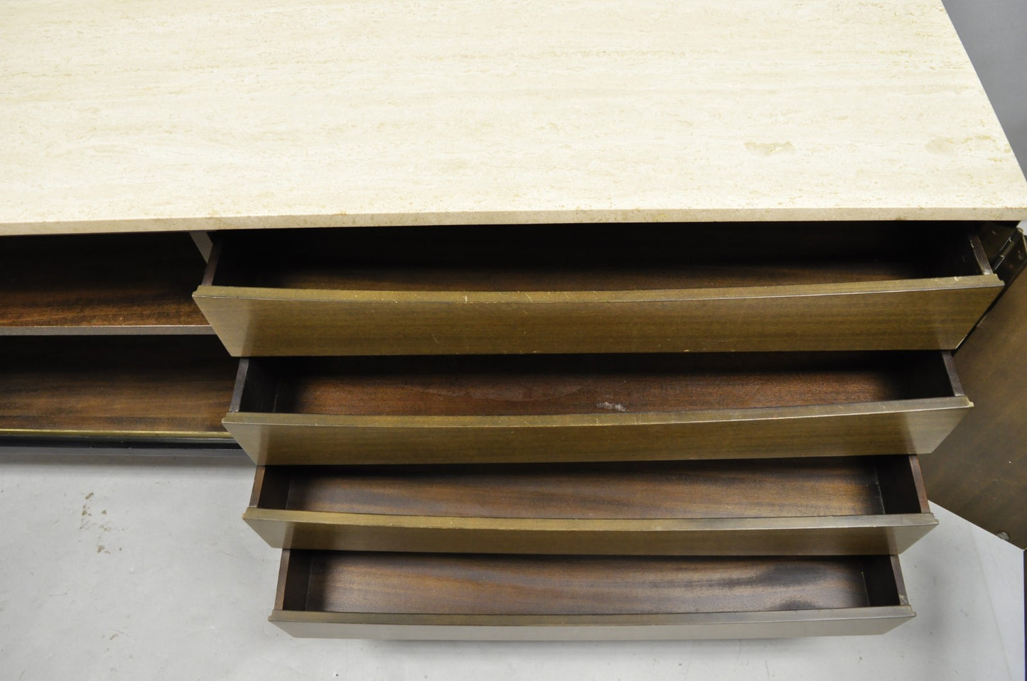 Paul McCobb for Calvin Irwin Travertine Top Black Mahogany Sideboard Credenza