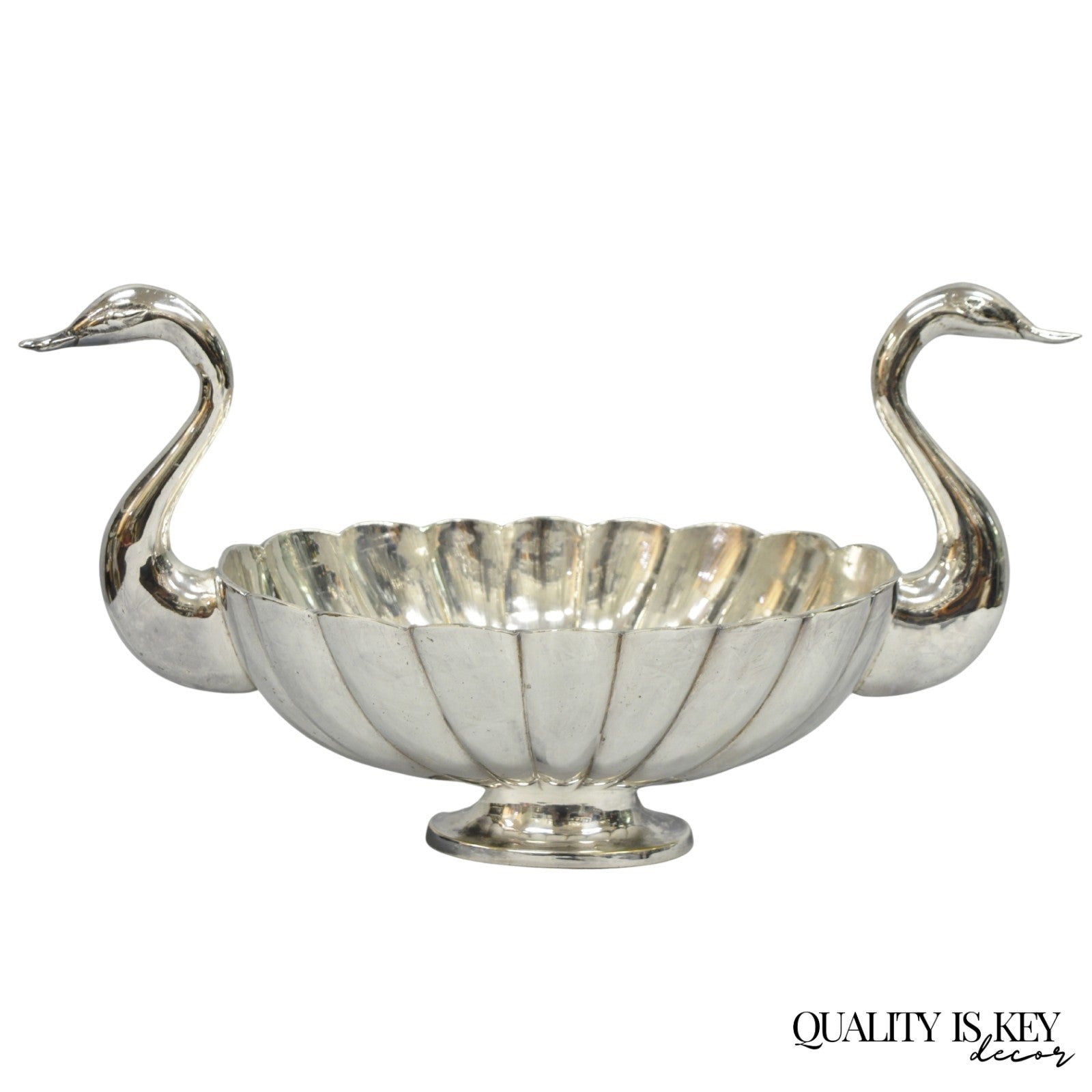 Vintage Italian Regency Silver Plated Figural Double Swan Bird Oval Fruit Bowl