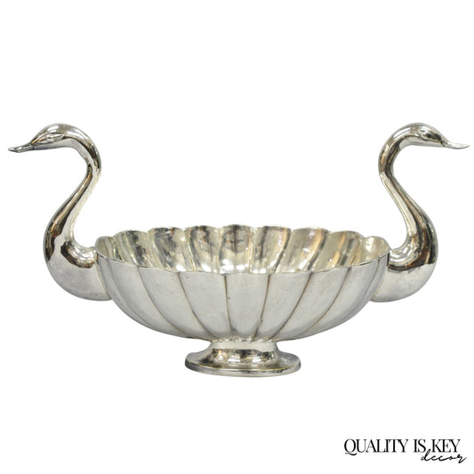 Vintage Italian Regency Silver Plated Figural Double Swan Bird Oval Fruit Bowl