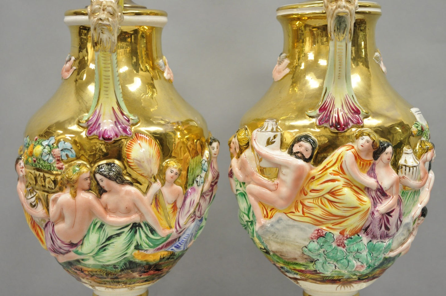 Antique Capodimonte Figural Porcelain Twin Handle Urn Gold Vase Table Lamps Pair