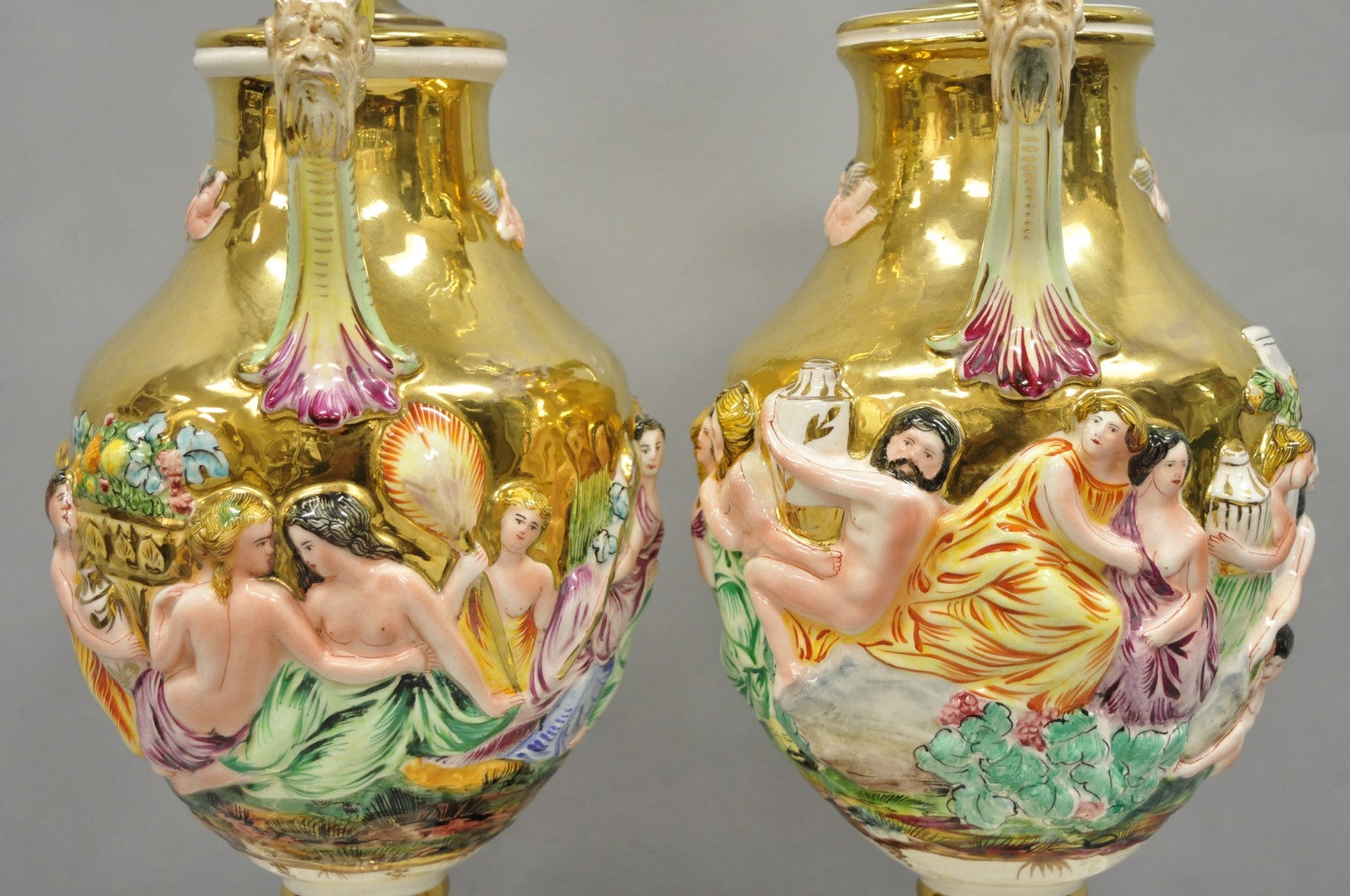 Antique Capodimonte Figural Porcelain Twin Handle Urn Gold Vase Table Lamps Pair