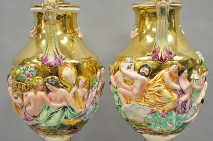Antique Capodimonte Figural Porcelain Twin Handle Urn Gold Vase Table Lamps Pair