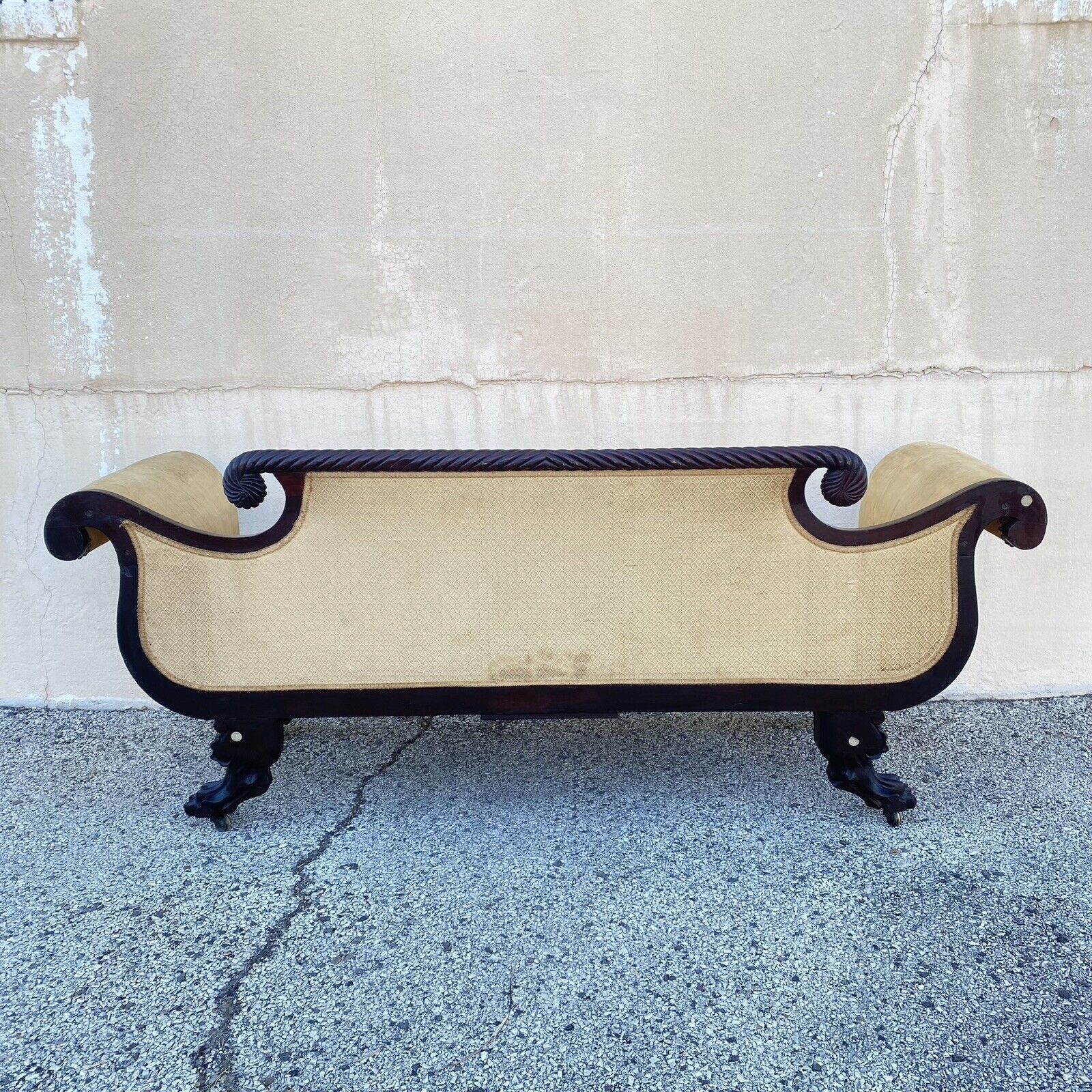 Antique American Empire Classical Carved Mahogany Paw Foot Rolled Arm Sofa