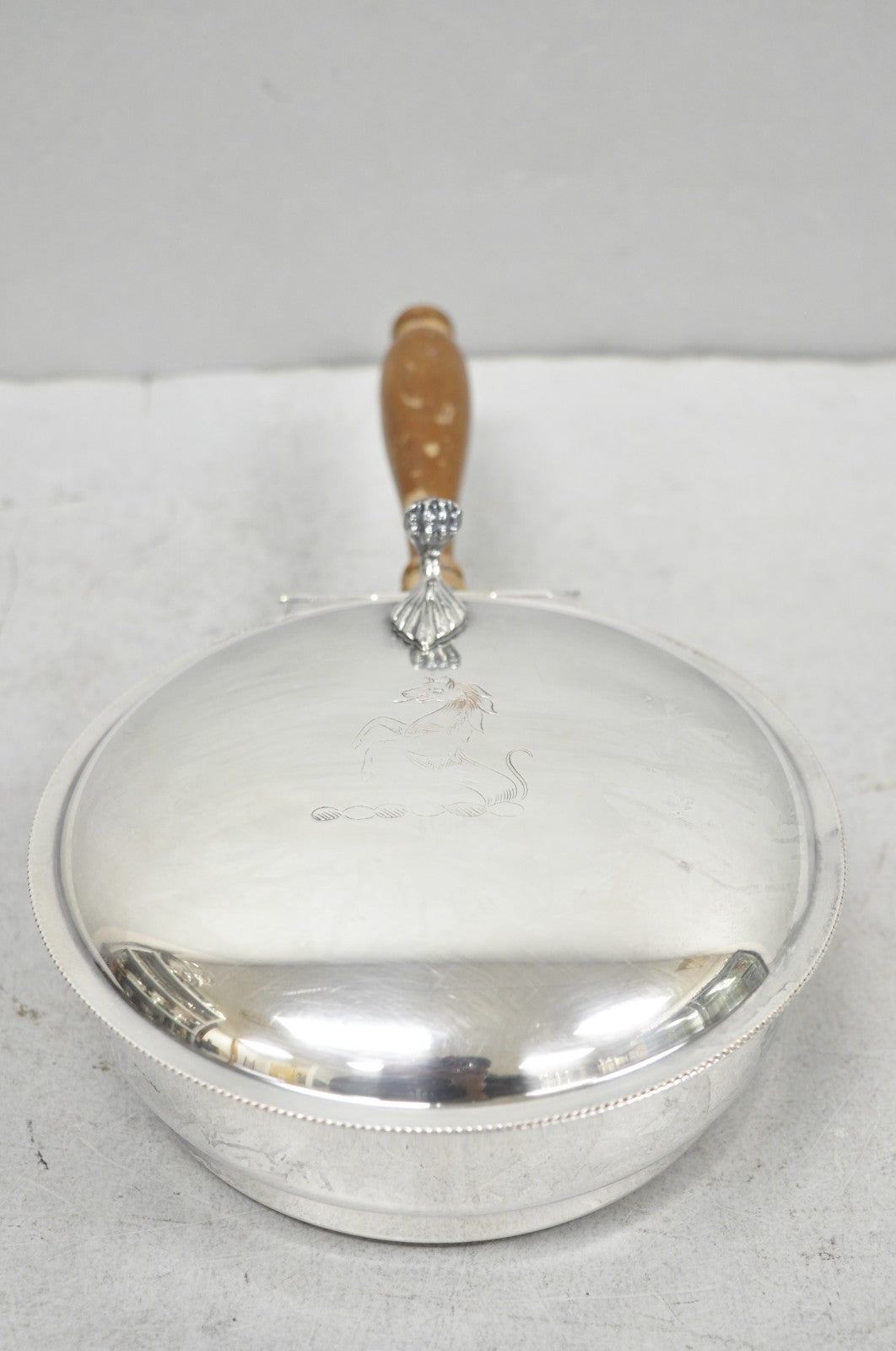 Vintage Sheffield Co Silver Plated Hinged Lid "Horse" Silent Butler w/ Broom