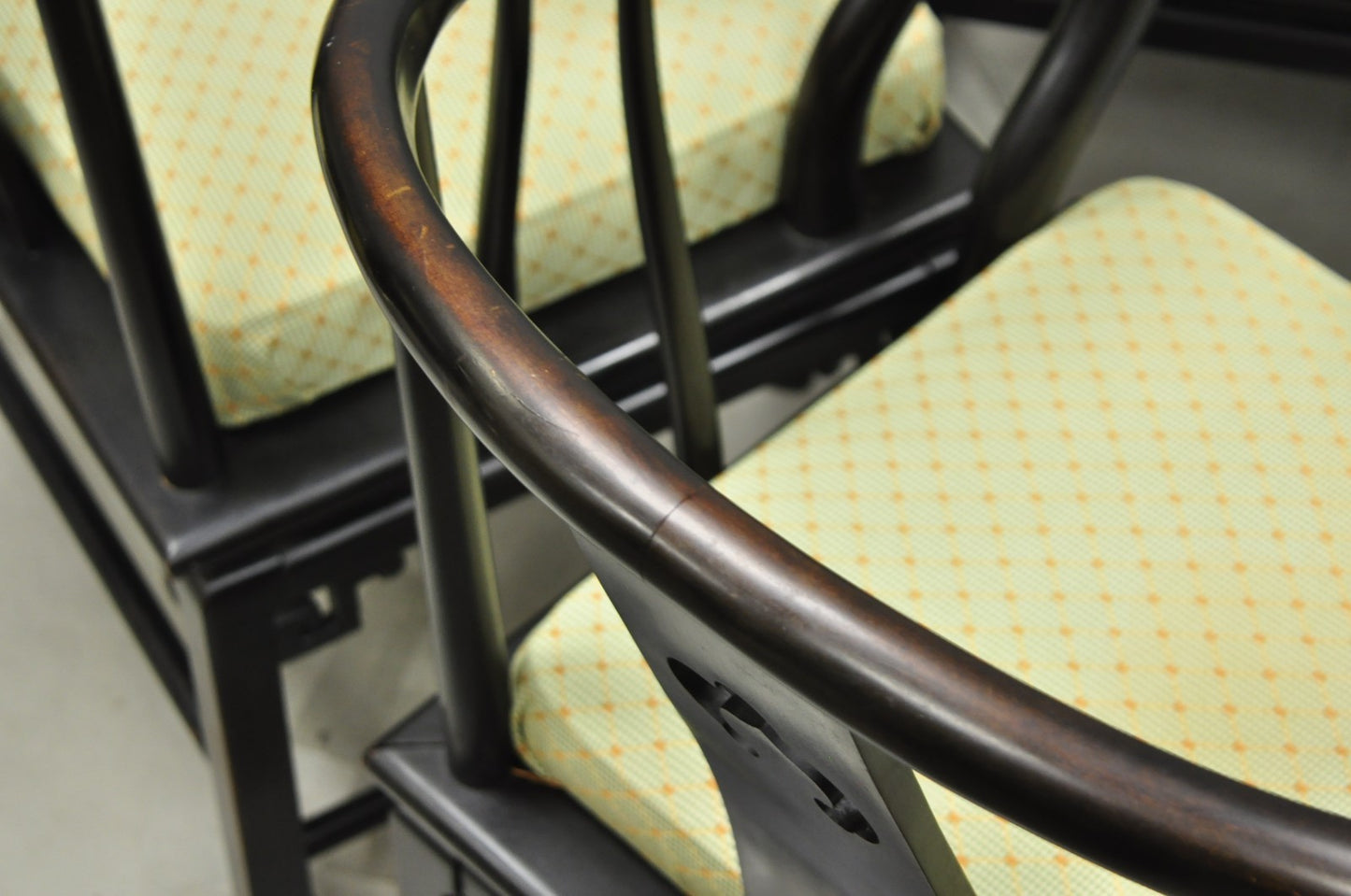 Vintage Oriental Ming Style Ebonized Horseshoe Lounge Chairs by Century (B) Pair