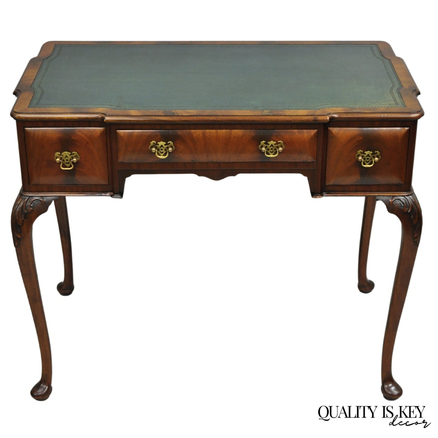 Antique English Georgian Crotch Mahogany Green Leather Top Small Writing Desk