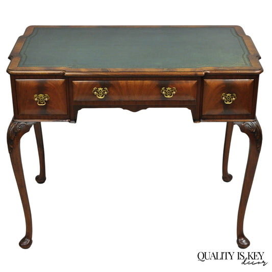 Antique English Georgian Crotch Mahogany Green Leather Top Small Writing Desk