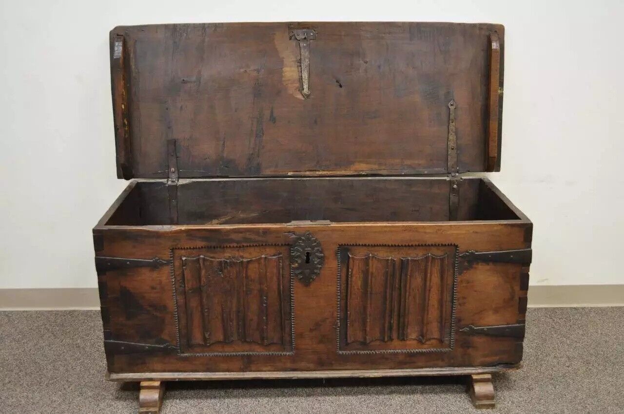Antique 18th C. Gothic Renaissance Chestnut Large Coffer Blanket Chest Trunk