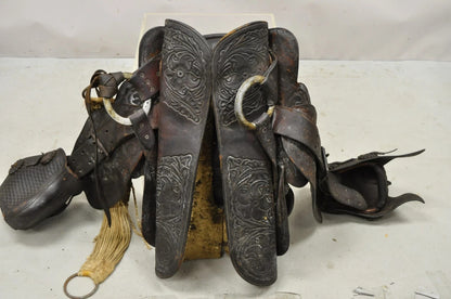 Vintage Brown Tooled Leather Floral Embossed 15" Seat Horse Riding Saddle
