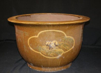 Chinese Chinoiserie Panda & Bamboo Pottery Jardiniere Garden Planter Flower Pot