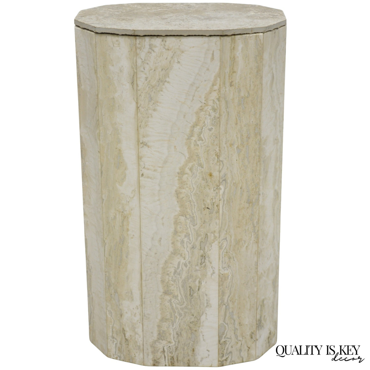 Vintage Postmodern Travertine Stone Small 20" Modern Pedestal Stand Side Table