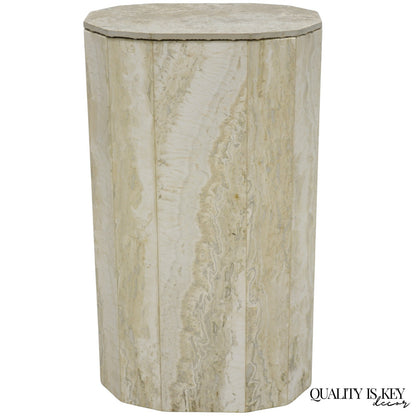 Vintage Postmodern Travertine Stone Small 20" Modern Pedestal Stand Side Table