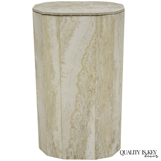 Vintage Postmodern Travertine Stone Small 20" Modern Pedestal Stand Side Table
