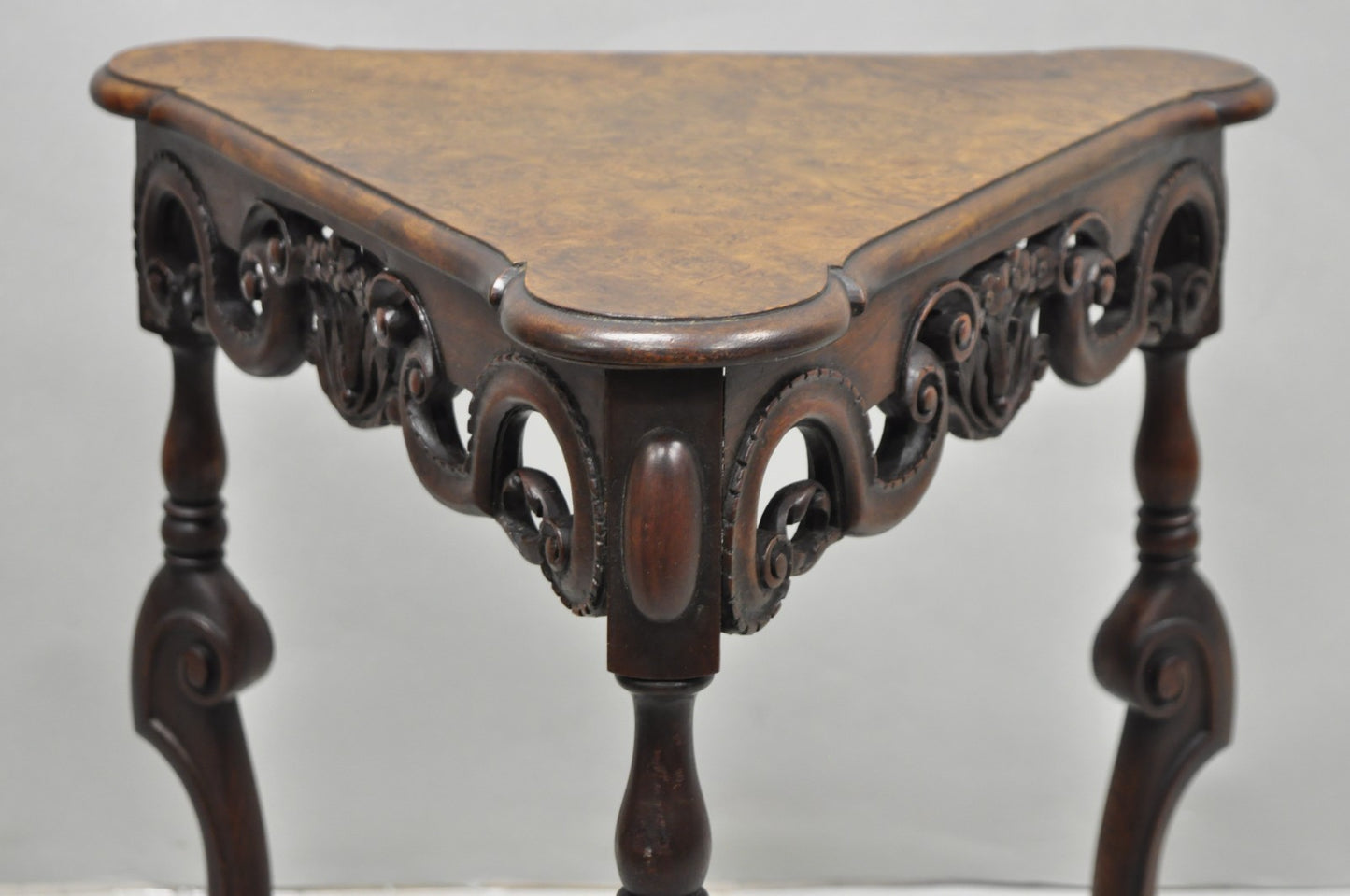 Antique Burl Walnut William & Mary Jacobean Triangular Accent Side Table