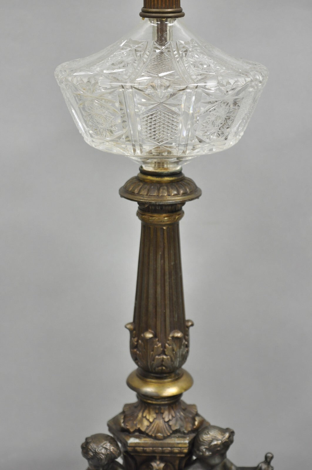 Antique French Empire Renaissance Gilt Metal  & Glass Cherub Table Lamps a Pair
