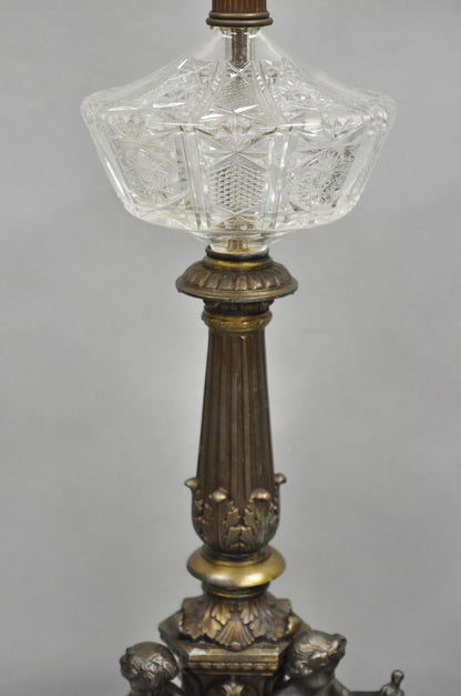 Antique French Empire Renaissance Gilt Metal  & Glass Cherub Table Lamps a Pair
