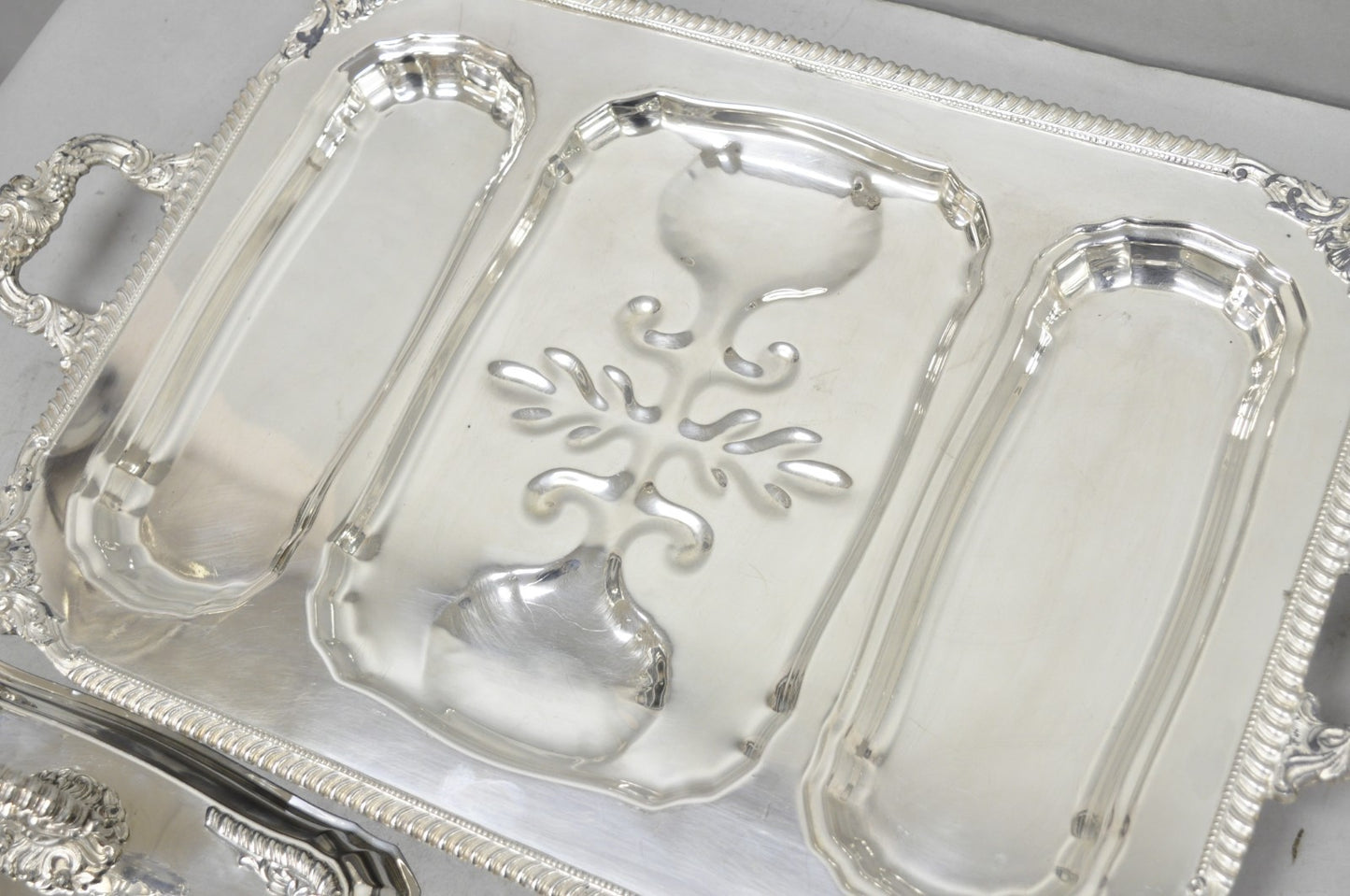 Vintage Victorian Silver Plated Meat Serving Platter Tray w/ Covered Dishes