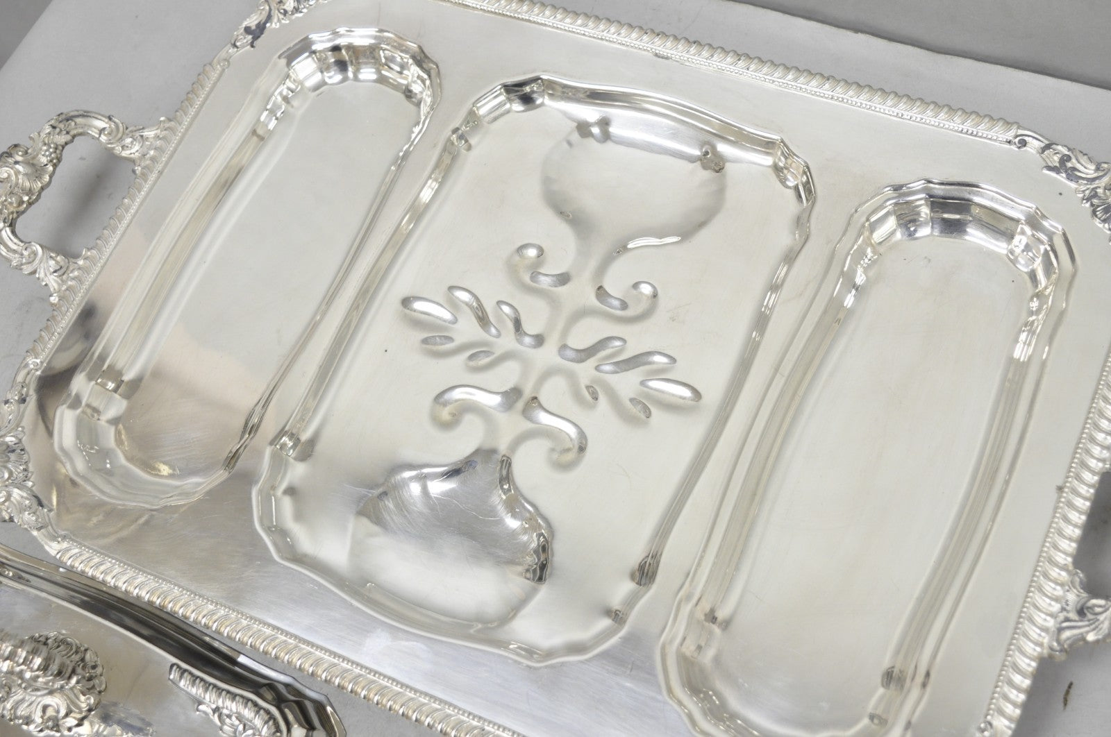 Vintage Victorian Silver Plated Meat Serving Platter Tray w/ Covered Dishes