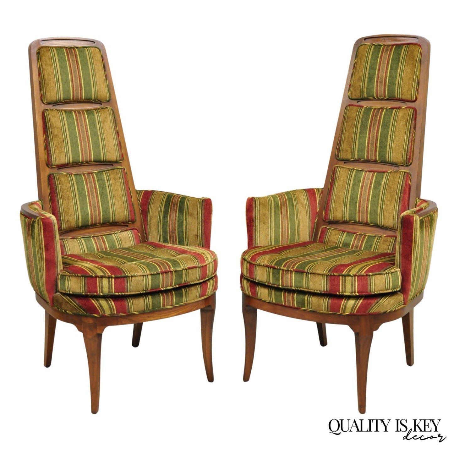 Vintage Mid Century Modern Walnut Panel Back Sculptural Lounge Arm Chairs - Pair