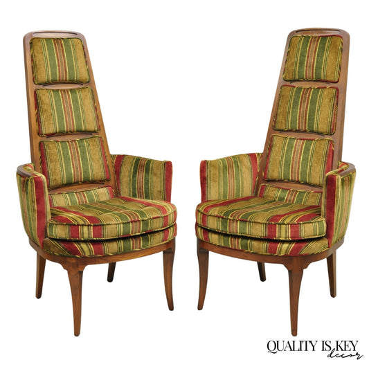 Vintage Mid Century Modern Walnut Panel Back Sculptural Lounge Arm Chairs - Pair
