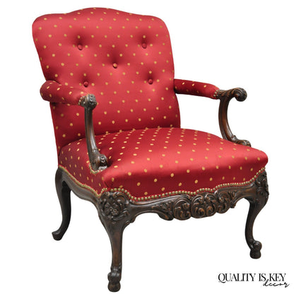 Antique English Georgian Style Carved Mahogany Red Library Lounge Arm Chair