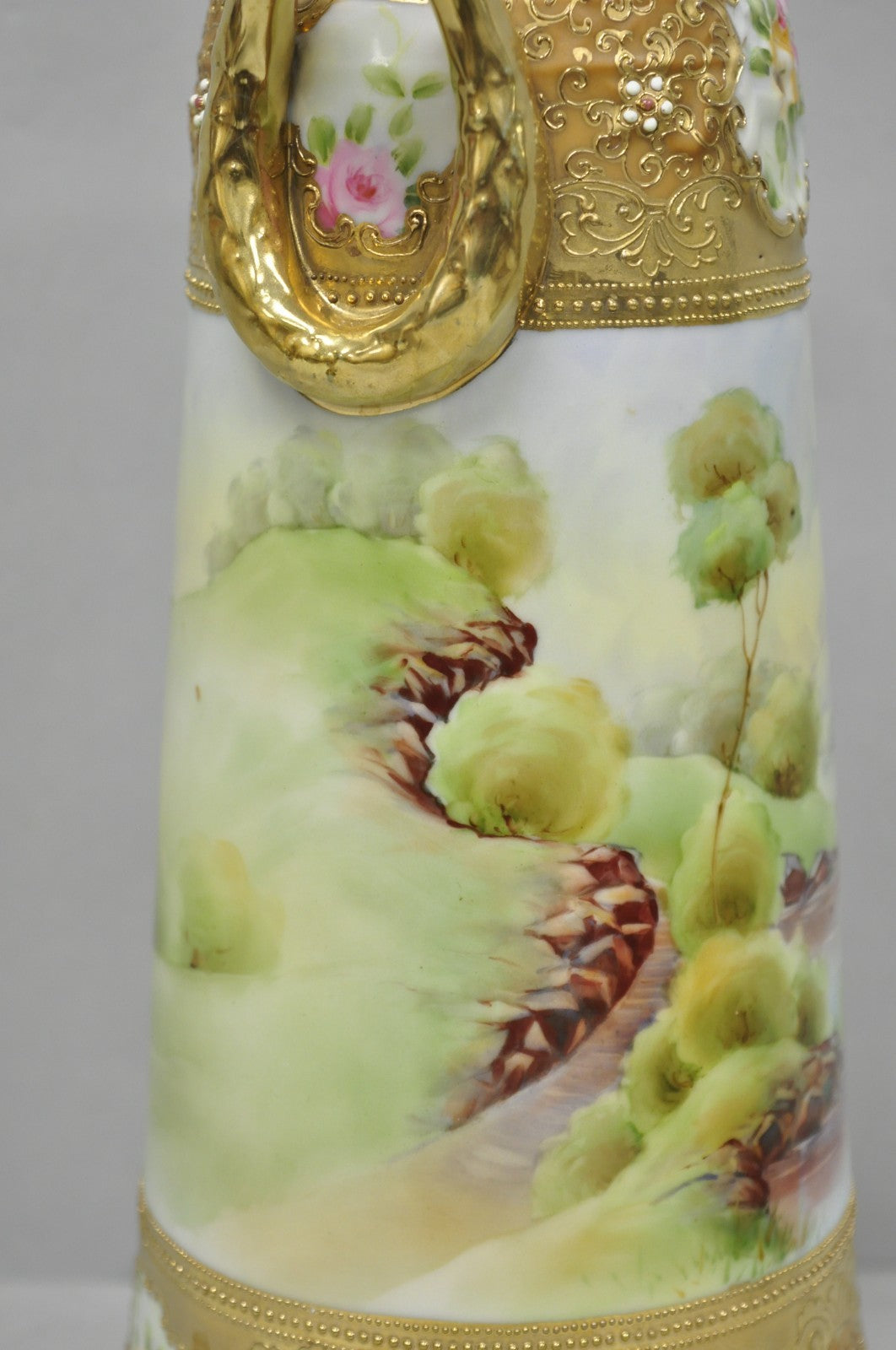 Antique Nippon Hand Painted Lake Scene Art Nouveau Twin Handle Porcelain Vase