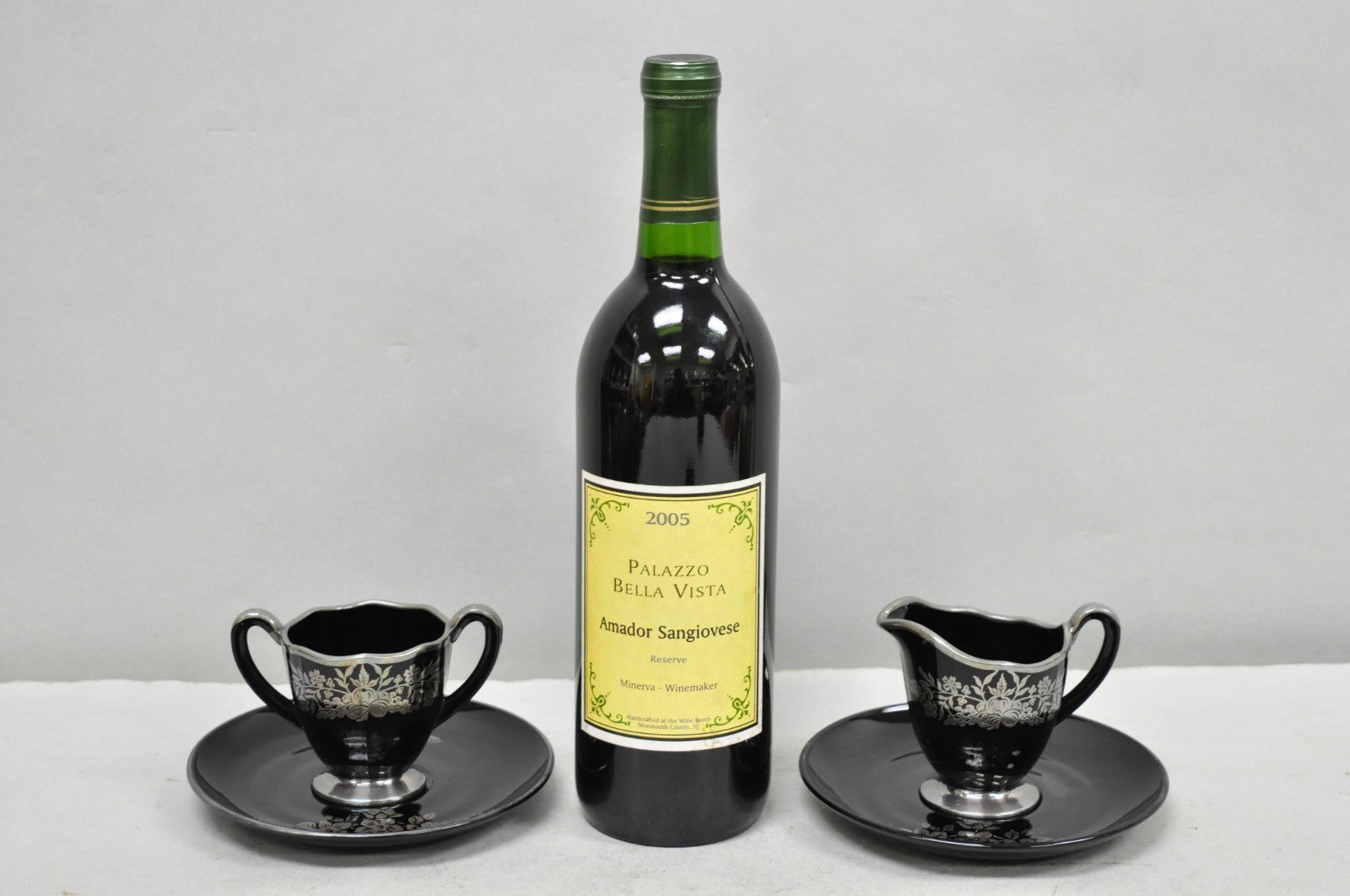 Vintage Rockwell Black Amethyst Glass Creamer Sugar Set Sterling Silver Overlay