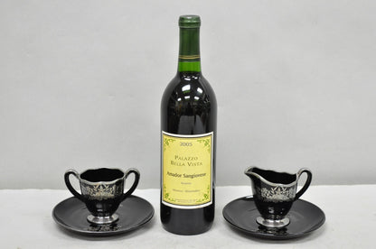 Vintage Rockwell Black Amethyst Glass Creamer Sugar Set Sterling Silver Overlay