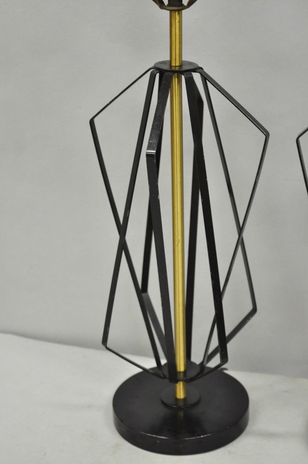 Vintage Mid Century Modern Black Metal & Brass Geometric Helix Table Lamps Pair