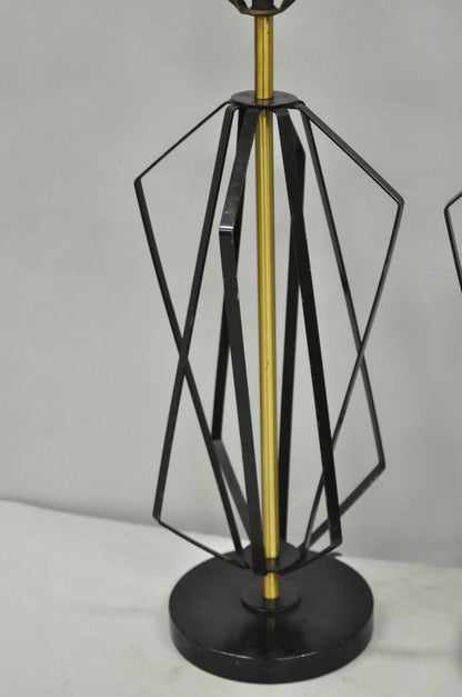 Vintage Mid Century Modern Black Metal & Brass Geometric Helix Table Lamps Pair