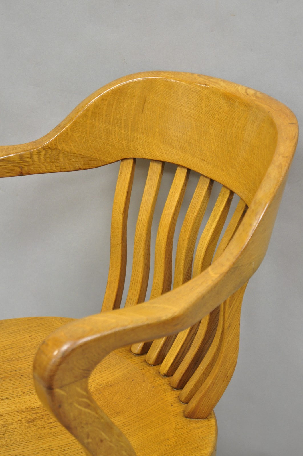 Traditional Antique Solid Golden Oak Wood Office Library Bankers Arm Chair