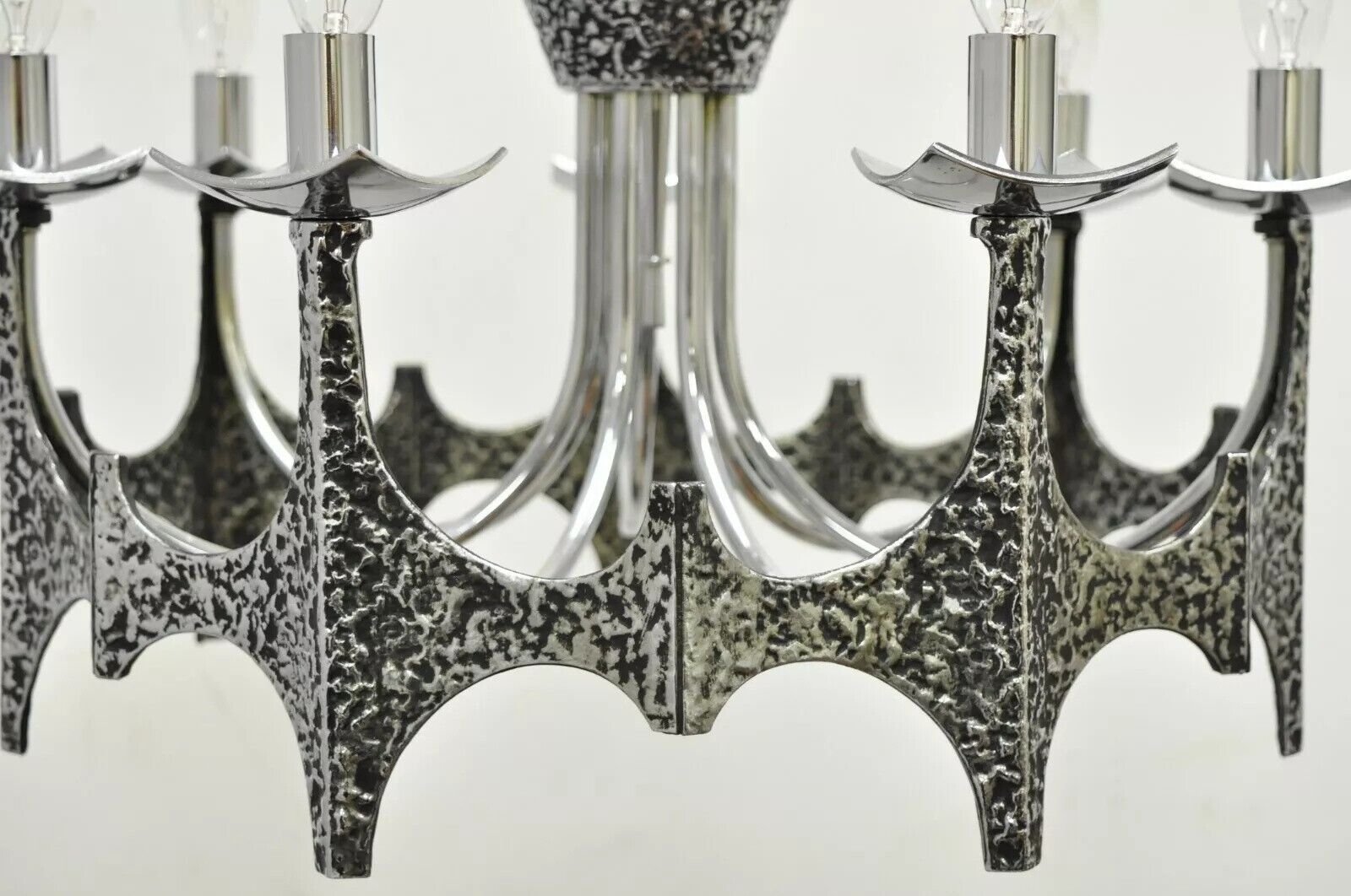 Vintage Mid Century Modern Mo Bridges Brutalist Hammered Chrome Chandelier