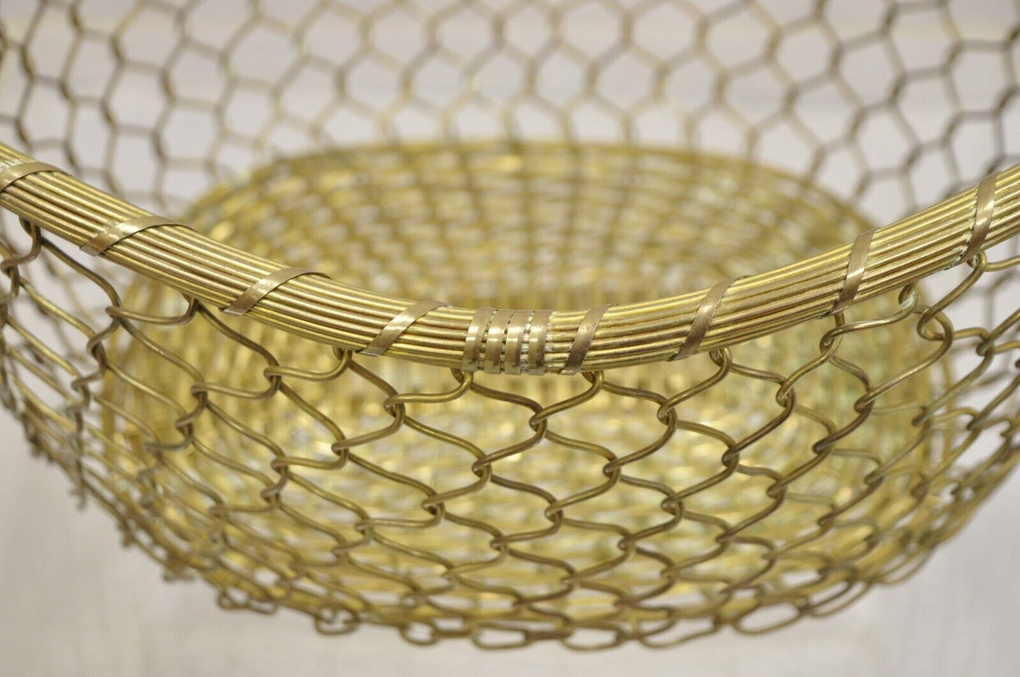 Vintage Solid Brass Wire Metal Hollywood Regency Hand Woven Basket With Handle