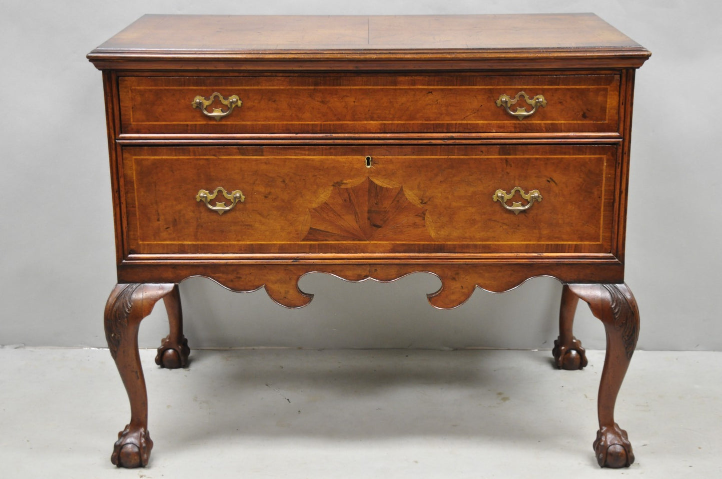 Antique English Georgian Burl Walnut Ball and Claw Inlaid Lowboy Bachelor Chest