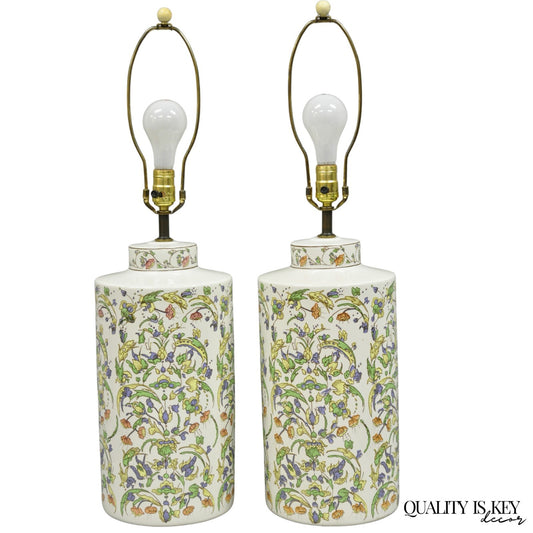 Vintage Chinoiserie Porcelain Chinese Ginger Jar Floral Oriental Table Lamp Pair