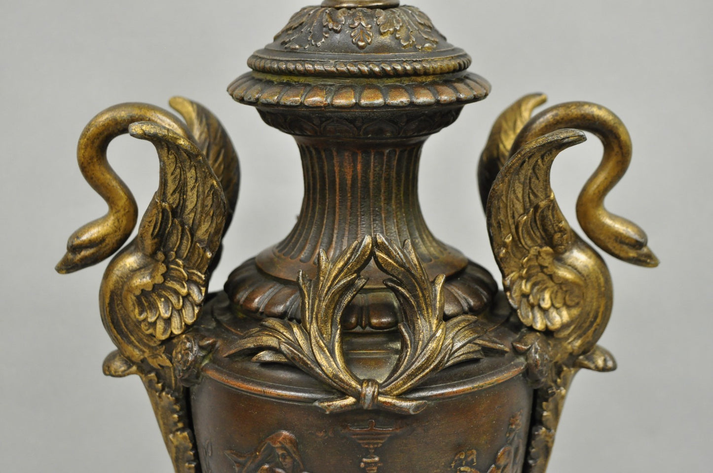 Antique French Neoclassical Style Bronze Figural Swans Table Lamp Signed Picault