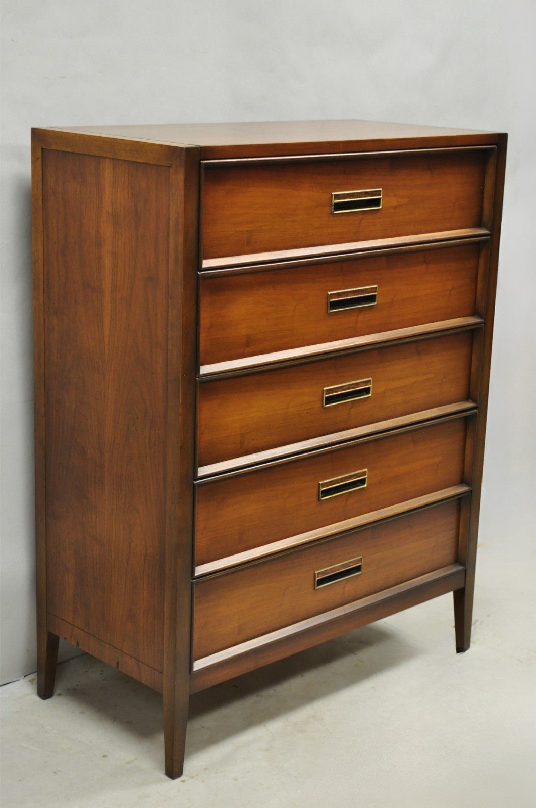 Vintage Drexel Mid Century Modern Walnut 5 Drawer Tall Chest Dresser Highboy
