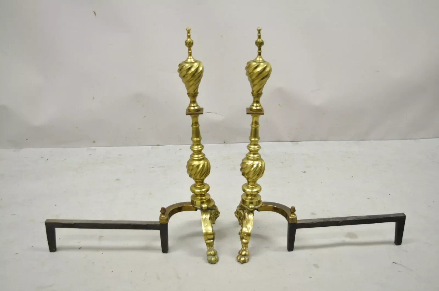 Antique Empire Brass Cast Iron Lion Head Spiral Twist Paw Feet Andirons - a Pair