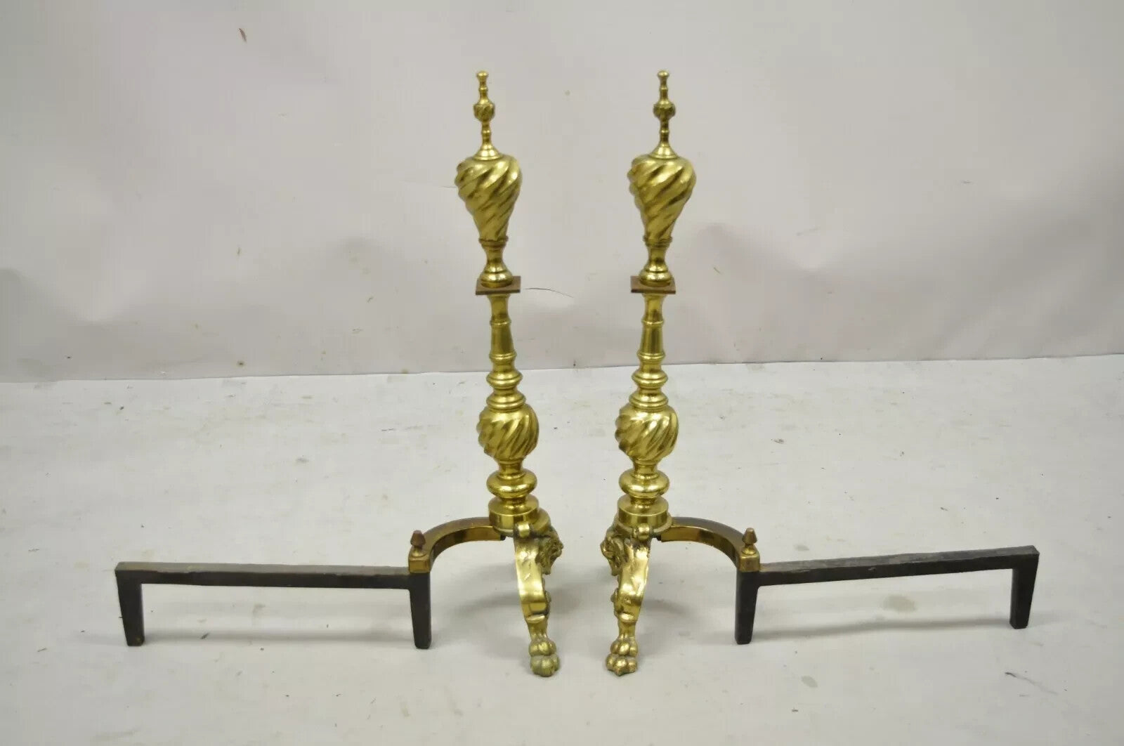 Antique Empire Brass Cast Iron Lion Head Spiral Twist Paw Feet Andirons - a Pair