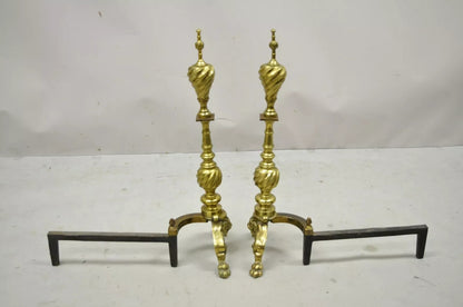 Antique Empire Brass Cast Iron Lion Head Spiral Twist Paw Feet Andirons - a Pair