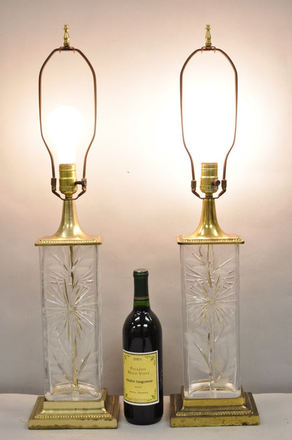 Vintage Dresden Victorian Cut Crystal Glass Flower Brass Table Lamps - a Pair