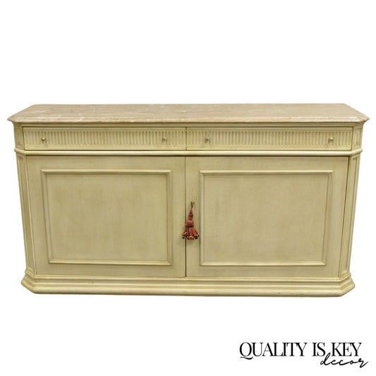 French Provincial Style Marble Top Cream Painted Sideboard Buffet Media Cabinet