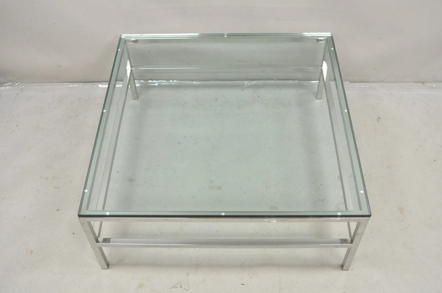 Vintage Mid Century Modern Milo Baughman Style Chrome Glass Square Coffee Table