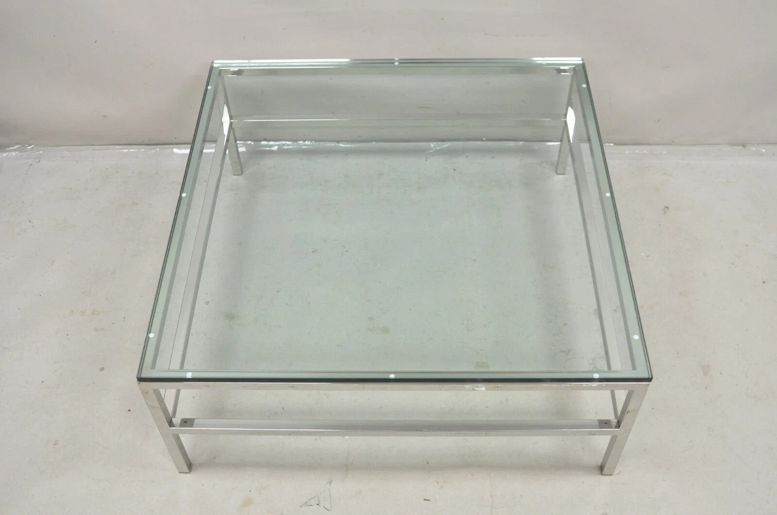 Vintage Mid Century Modern Milo Baughman Style Chrome Glass Square Coffee Table