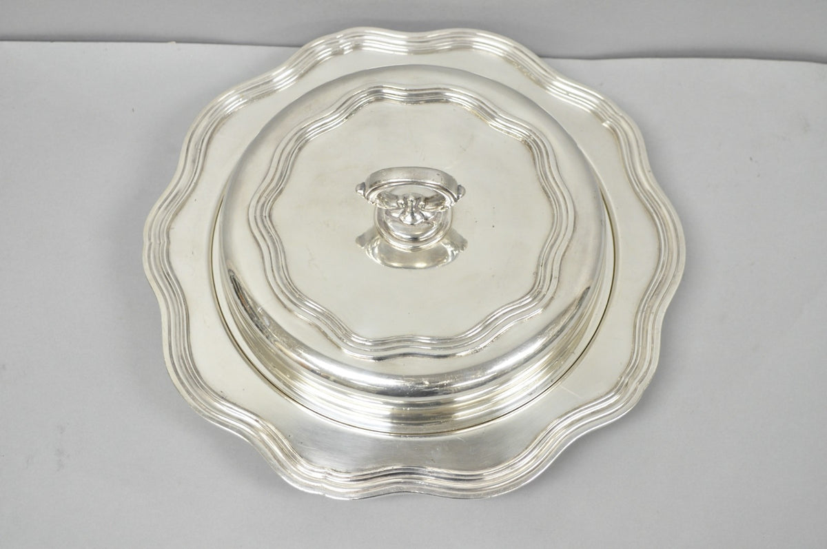 Vintage Sheffield Round Scalloped Silver Plated Covered Divided Serving Dish