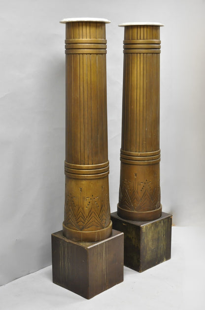 Antique Art Deco 75" Tall Wooden Pedestal Column Geometric Chevron Carved - Pair