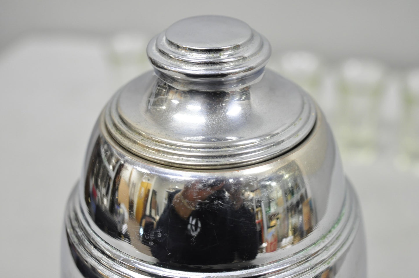 Vintage Art Deco Figural Chrome Metal Barware Samovar Decanter w/ Shot Glasses