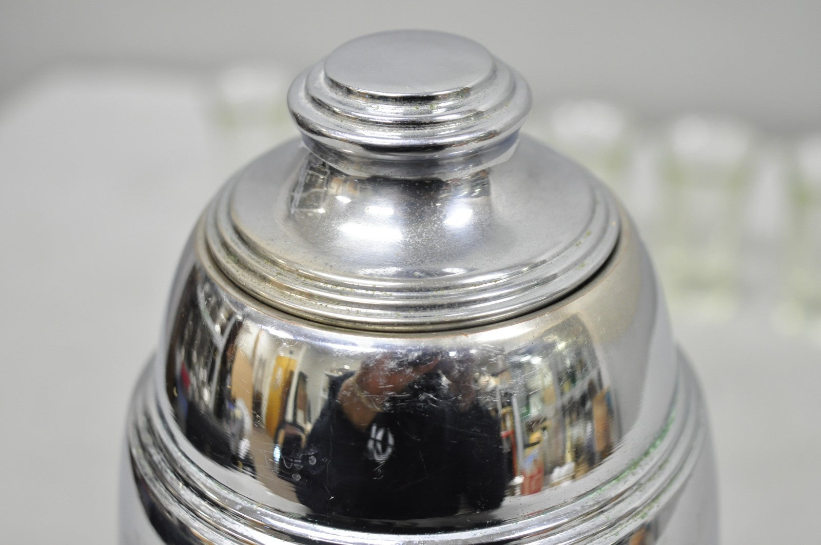 Vintage Art Deco Figural Chrome Metal Barware Samovar Decanter w/ Shot Glasses