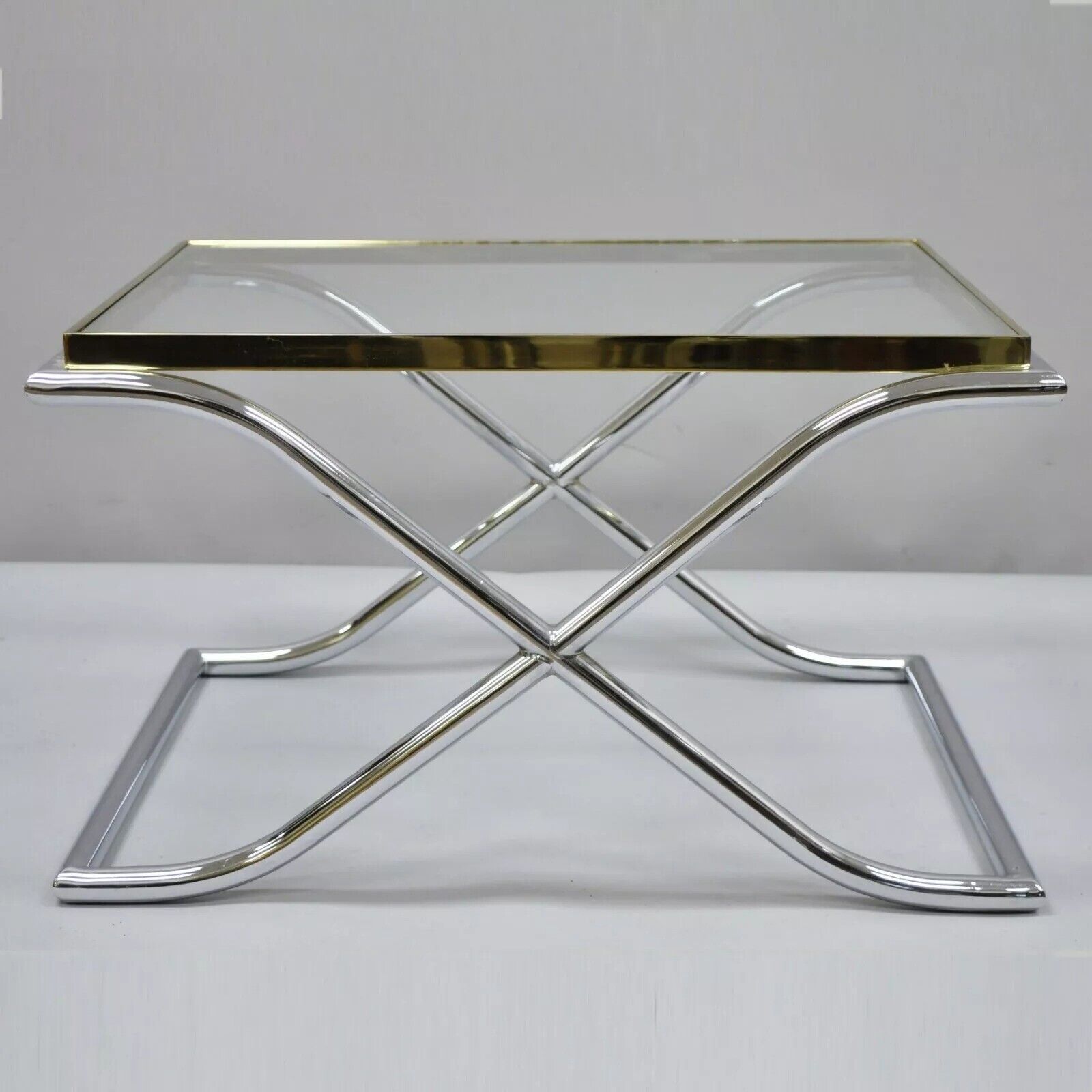 Vintage Hollywood Regency X-Frame Chrome Brass & Glass Small Coffee Table