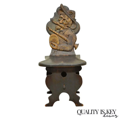 Antique Medieval Gothic Hand Carved Wood Figural Musician Bard Tavern Side Chair